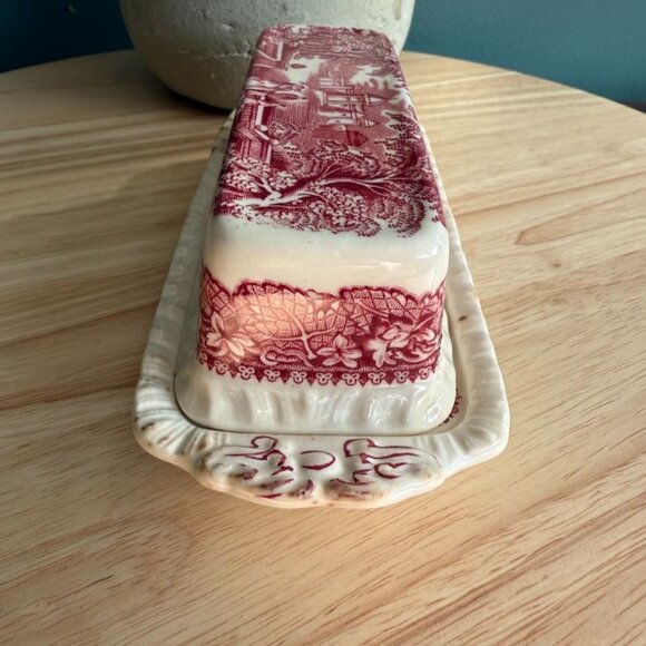 Vintage Masons Vista Red Pink Ironstone Covered Butter Dish England Landscape - Picture 2 of 12